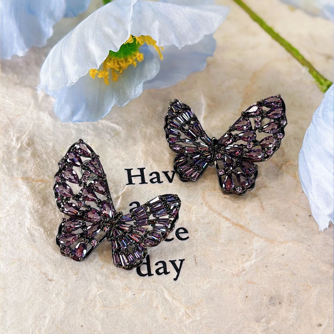 铜合金合成锆石耳饰 拼色欧美彩色轻奢蝴蝶耳饰简约紫色耳环-8266