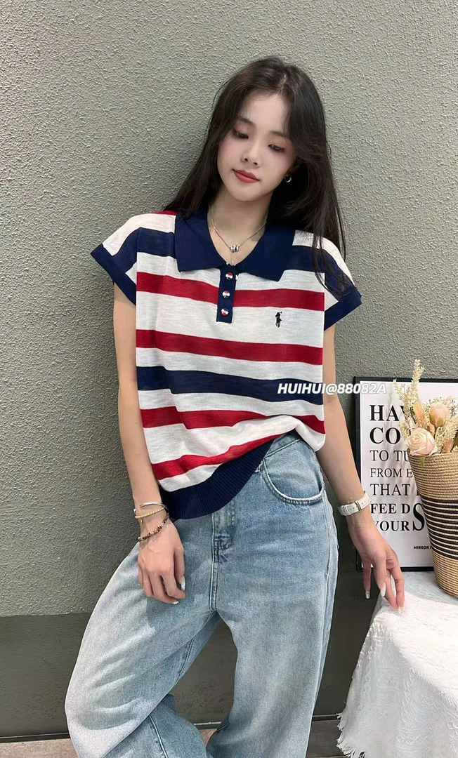 （送）辣椒面短袖常规圆领欧美风条纹纽扣T恤