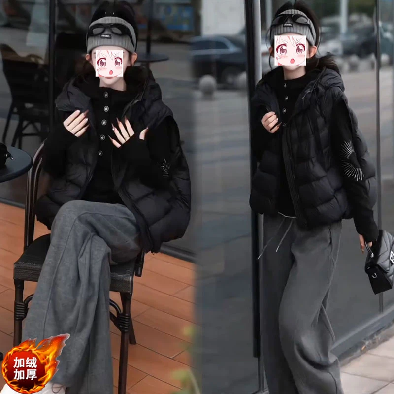2025秋冬宽松连帽棉马甲外套长袖t恤加绒卫裤显瘦保暖三件套装女