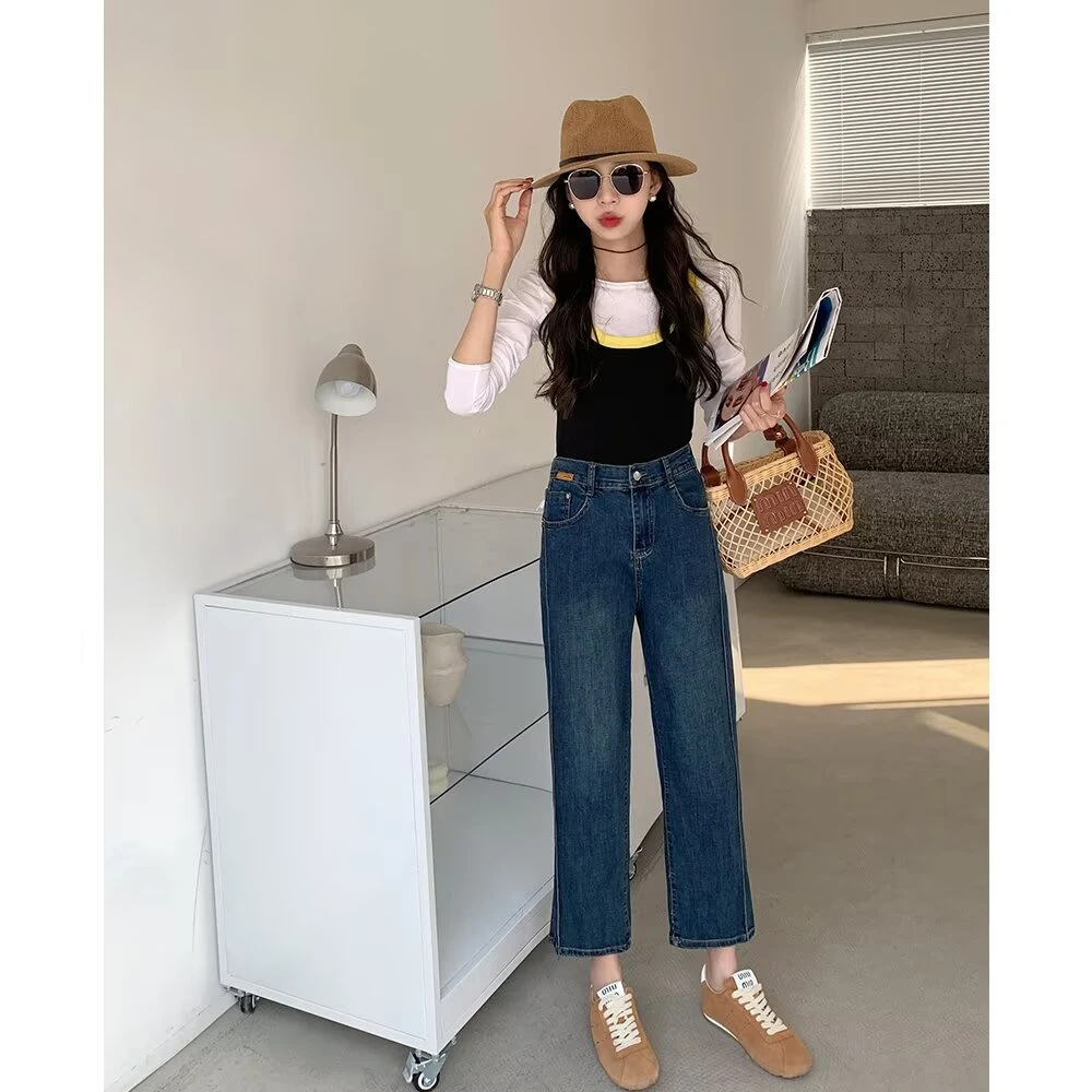 印语芩高腰烟管裤春款牛仔裤高弹直筒小个子大码阔腿裤烟管裤