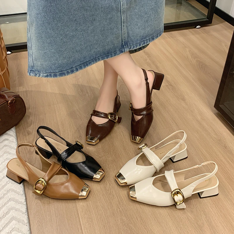 法式小众拼接粗中跟气质包头凉鞋2025年后绊带方头时尚百搭单鞋女