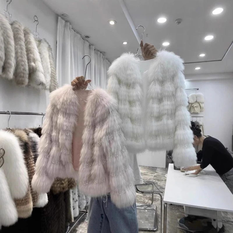 25冬新款网红钉珠亮片貉子毛皮草外套女流苏车条狐狸毛大衣年轻