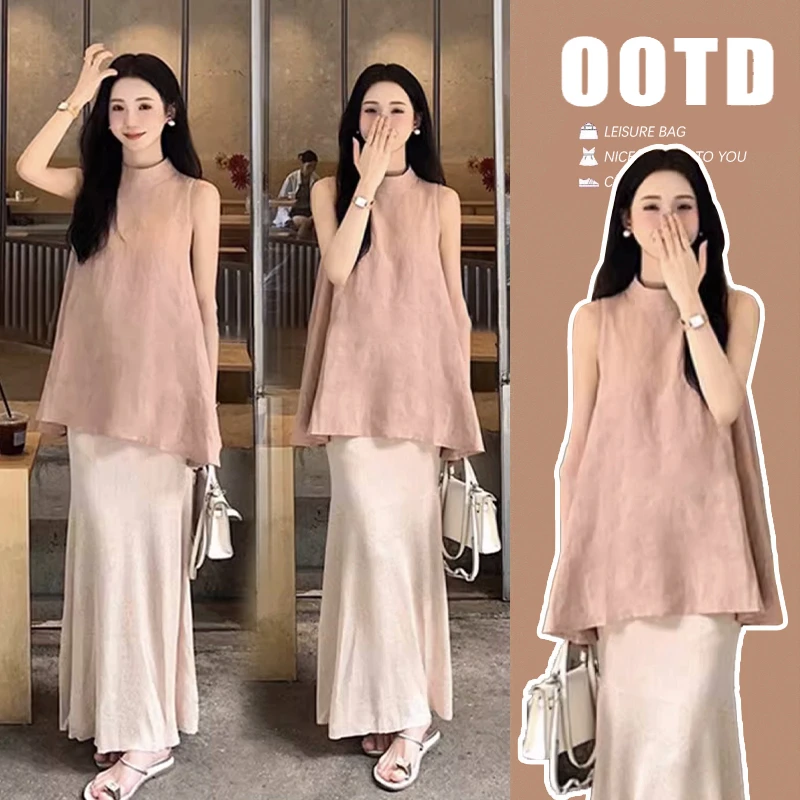 时髦孕妇套装夏季时尚款法式简约气质无袖背温柔修身包臀裙两件套