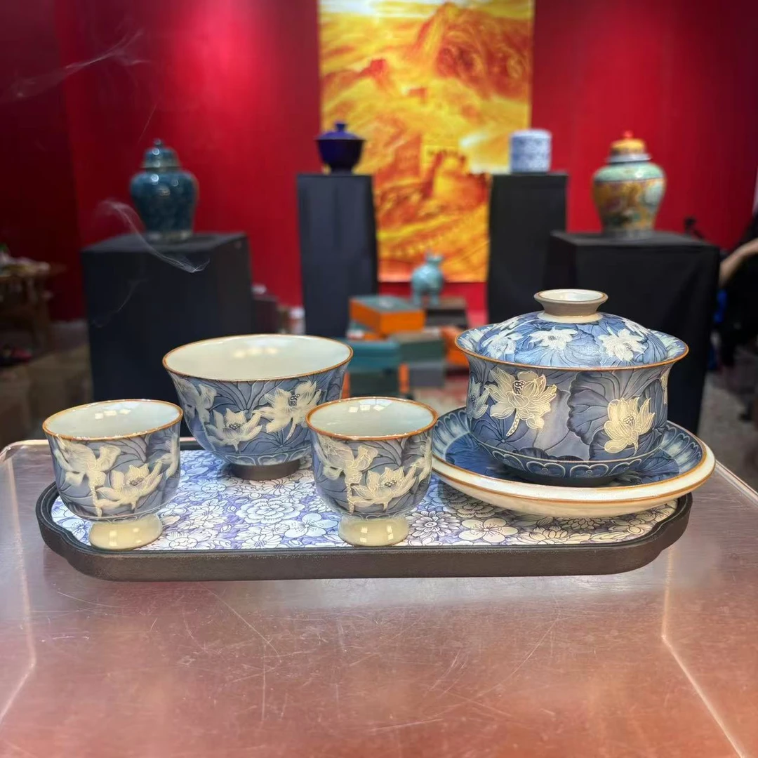 秋香  掐丝银蓝彩荷花布袋盖碗+两杯+主人杯（无礼盒）小套装2919