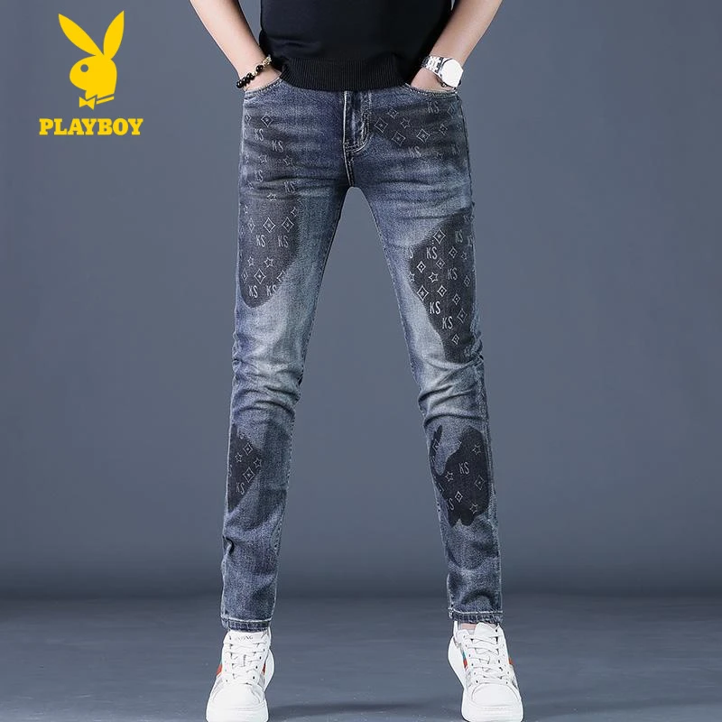 花花公子高端春季新款百搭欧货印花牛仔裤男款修身小脚弹力休闲男