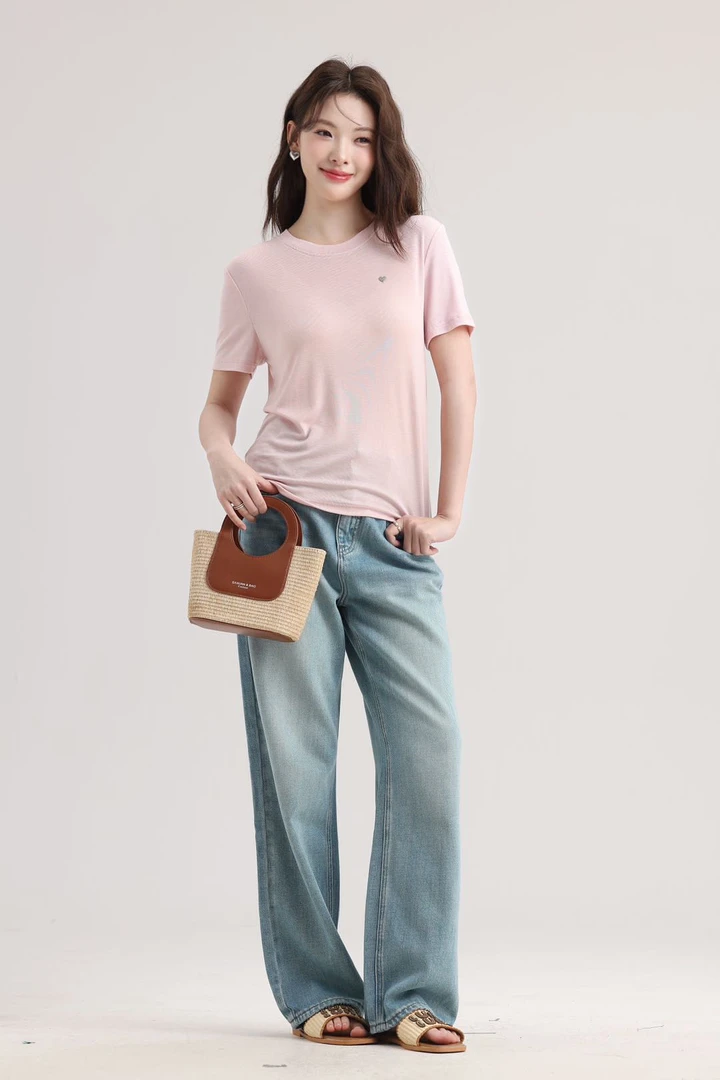 2508凉感天丝爱心配饰短袖T女士夏季纯色圆领简约套头