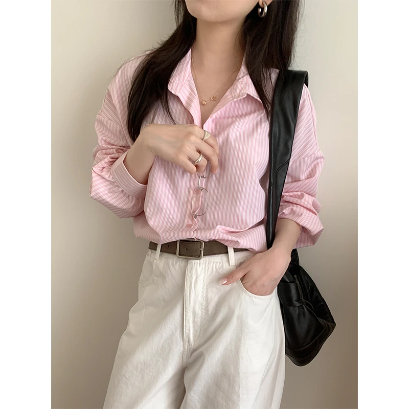 Miss sumeyY3743自制温柔学院风百搭经典奶油色条纹宽松长袖衬衫