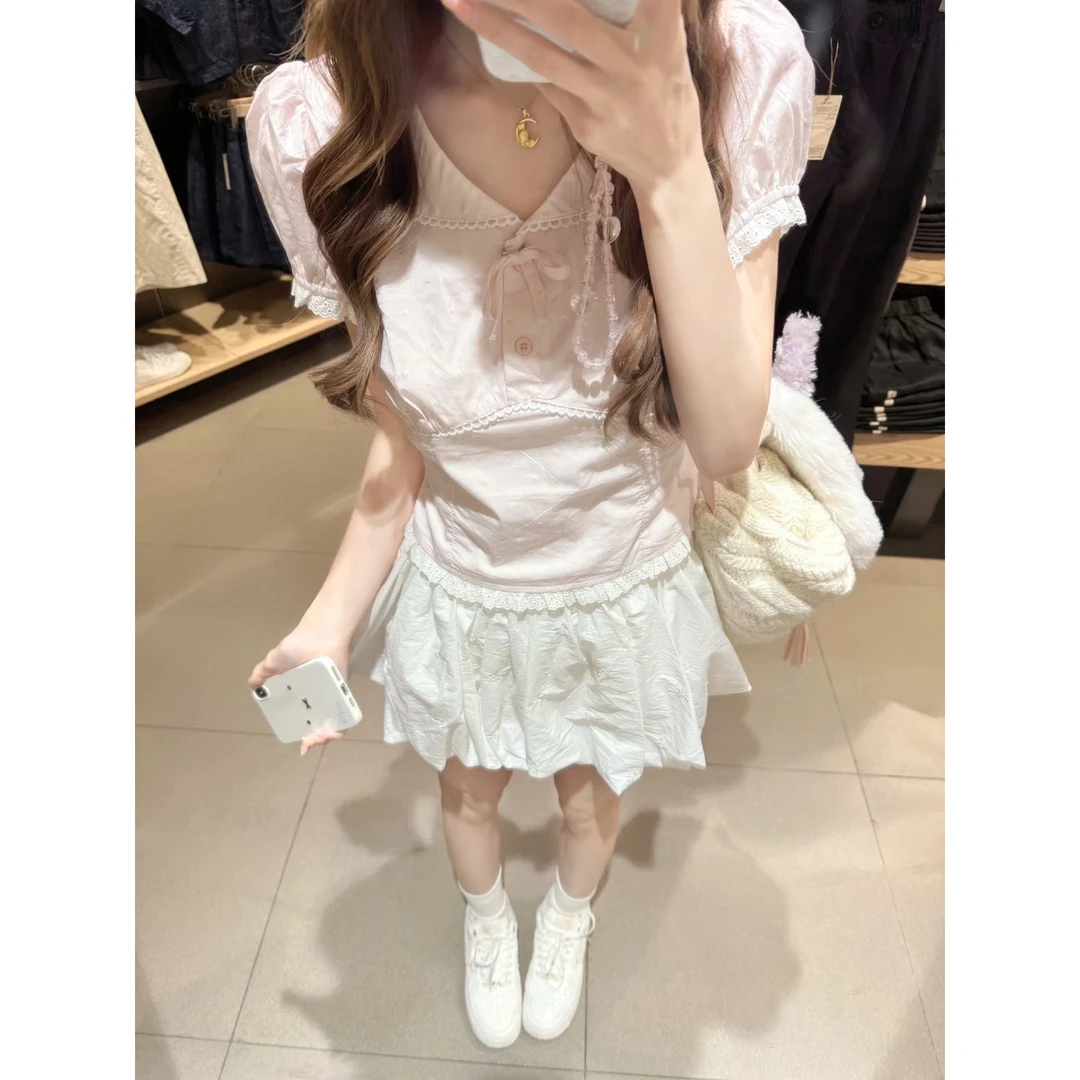 日系甜美风蕾丝蝴蝶结娃娃领短袖t恤女夏季修身显瘦短款小衫上衣