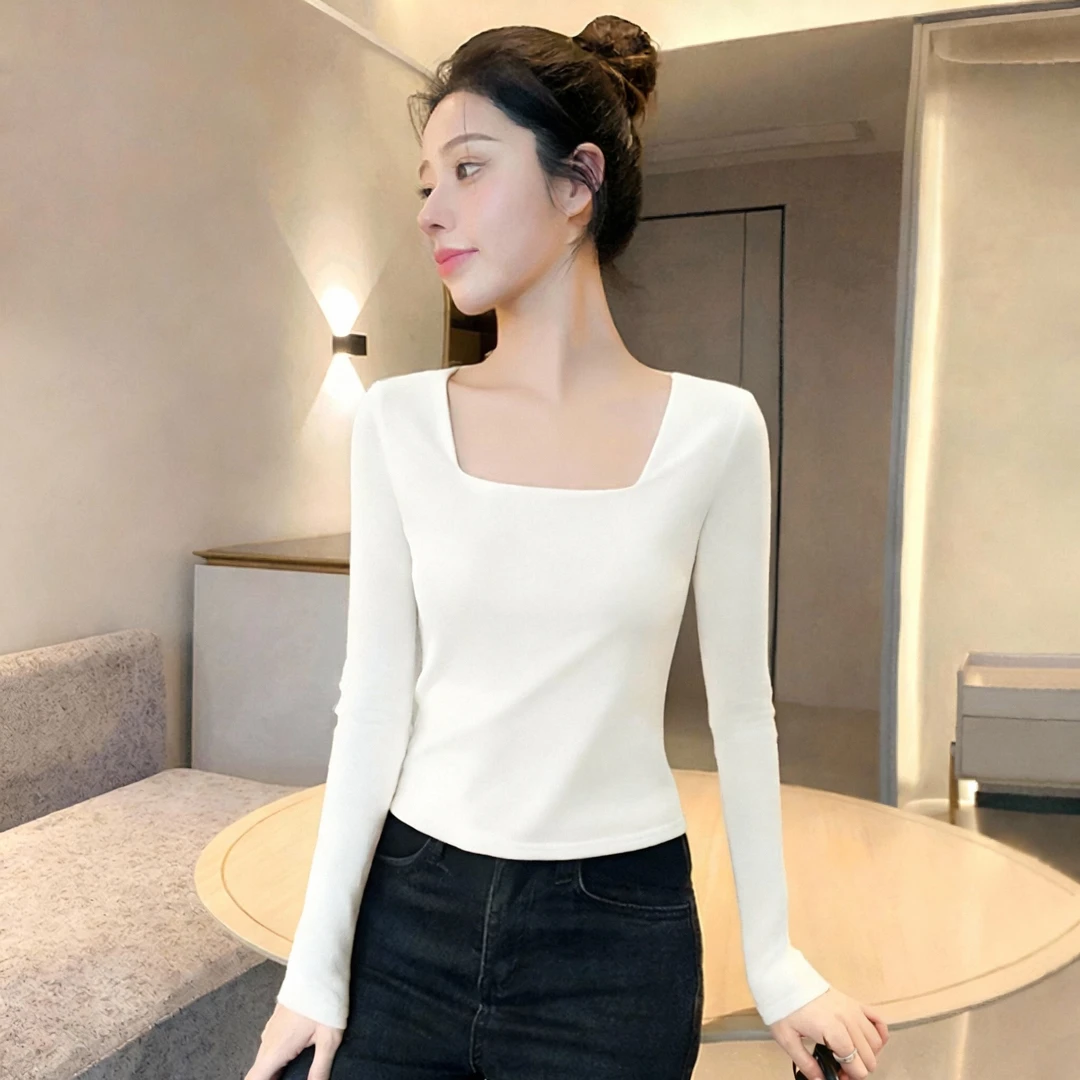 白色方领露锁骨长袖打底衫女内搭时尚百搭洋气秋冬季修身气质上衣
