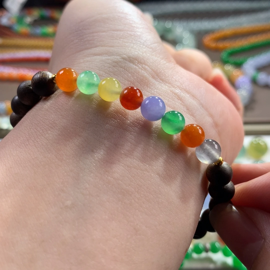 翡翠未镶嵌手链翡翠冰底艳彩彩虹糖果缤纷卡5.90～6.30+