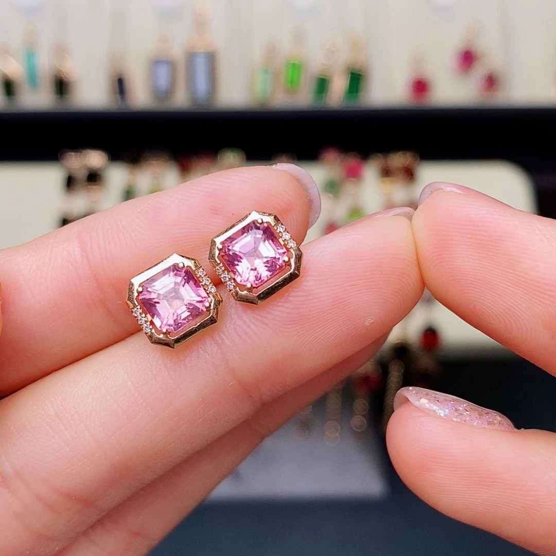 碧玺耳钉粉色18K金镶嵌