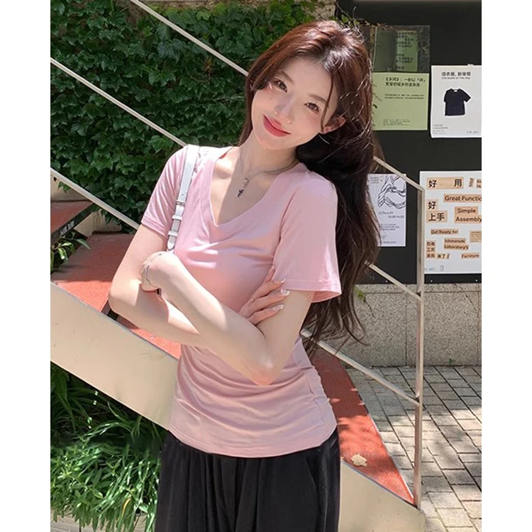 翰代维正肩V领短袖T恤女修身显瘦夏季新款纯色简约辣妹百搭上衣服