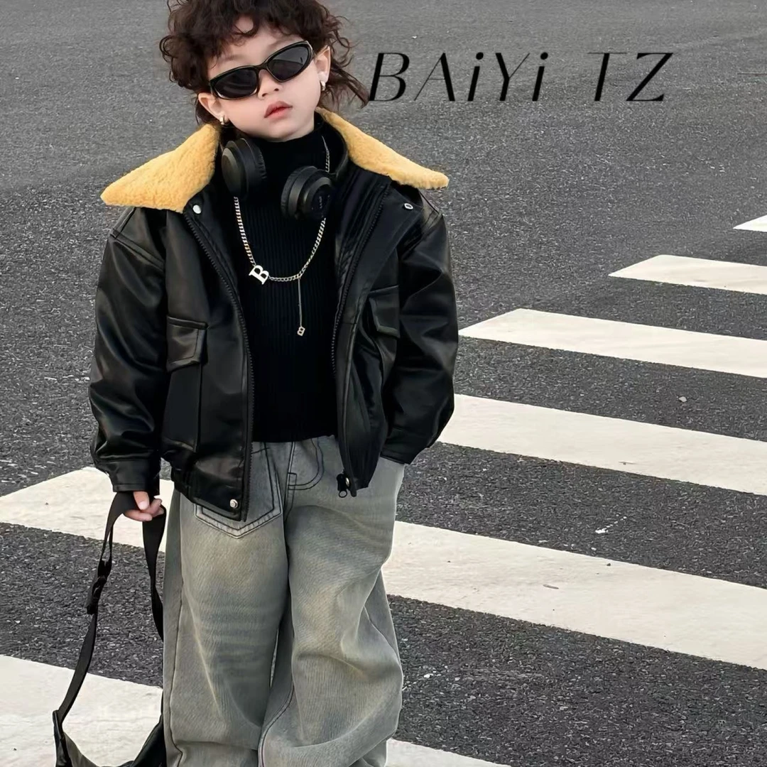 男童套装保暖夹棉皮衣毛领外套2025秋冬装新款帅气酷帅潮童爆款