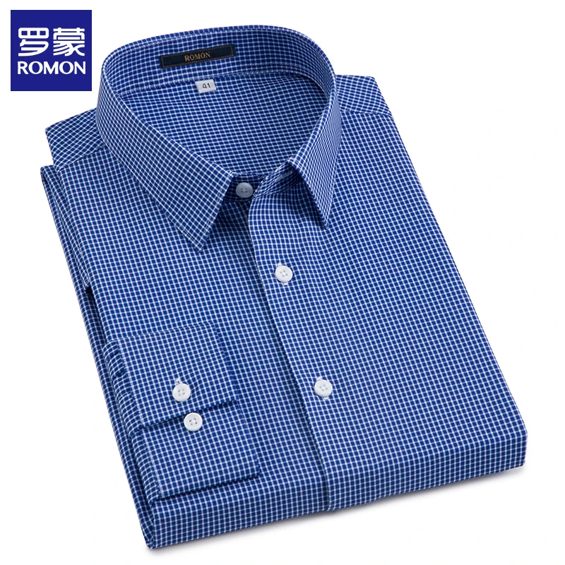 罗蒙新款男士弹力衬衫高档休闲商务格子衬衣长袖春秋爸爸上衣免烫