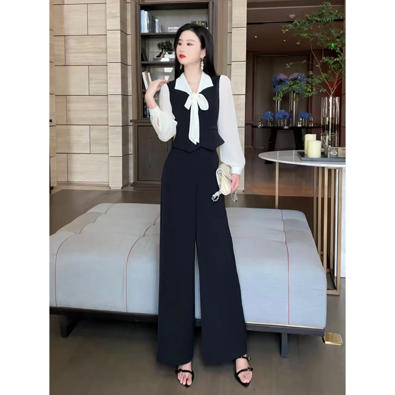 格润雅秋季超火两件套新款气质时尚拼接v领上衣女显瘦阔腿裤套装