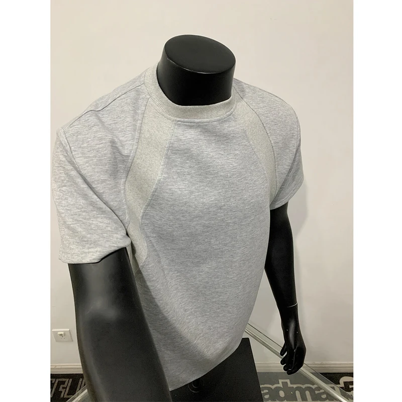 280g澳产氨纶太空棉空气层拼接短袖T恤男抗皱硬挺短款boxy版夏季