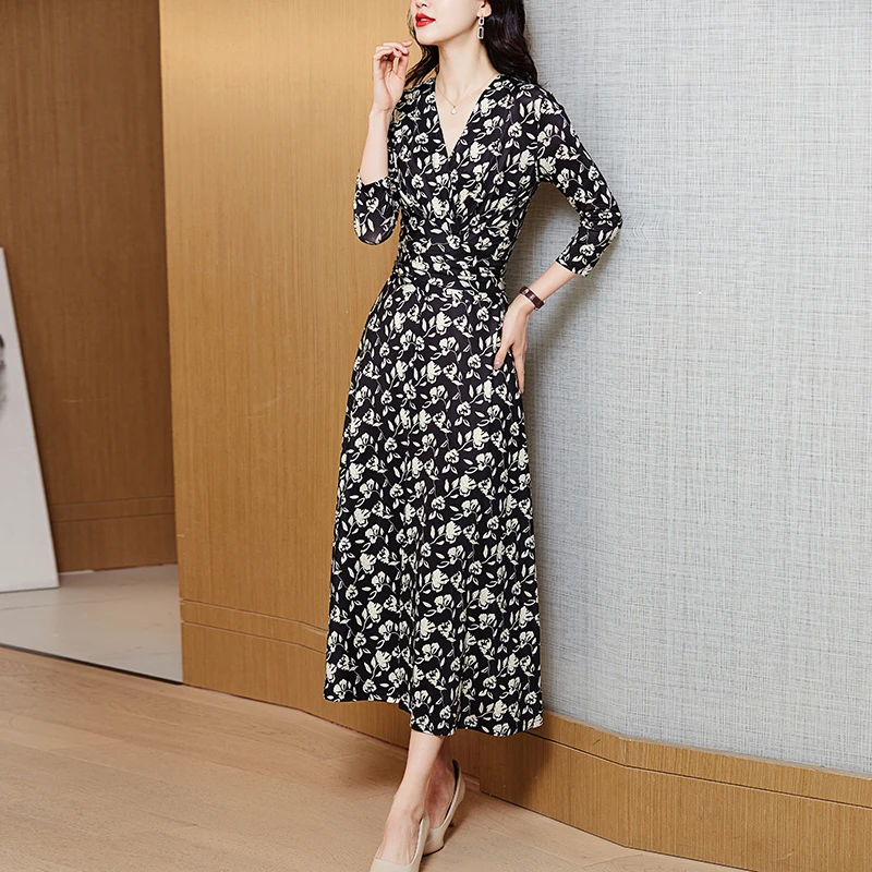 定制印花优雅气质时尚女装连衣裙洋气收腰中长裙（裙长118左右）