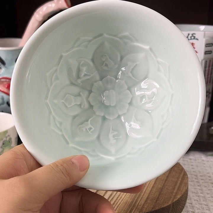 椿***花陶两个莲花碗清釉