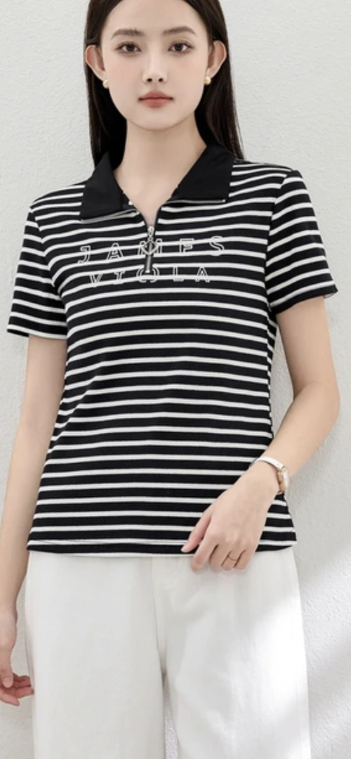 65009运动简约短袖条纹t恤女polo宽松修身大码显瘦POLO衫
