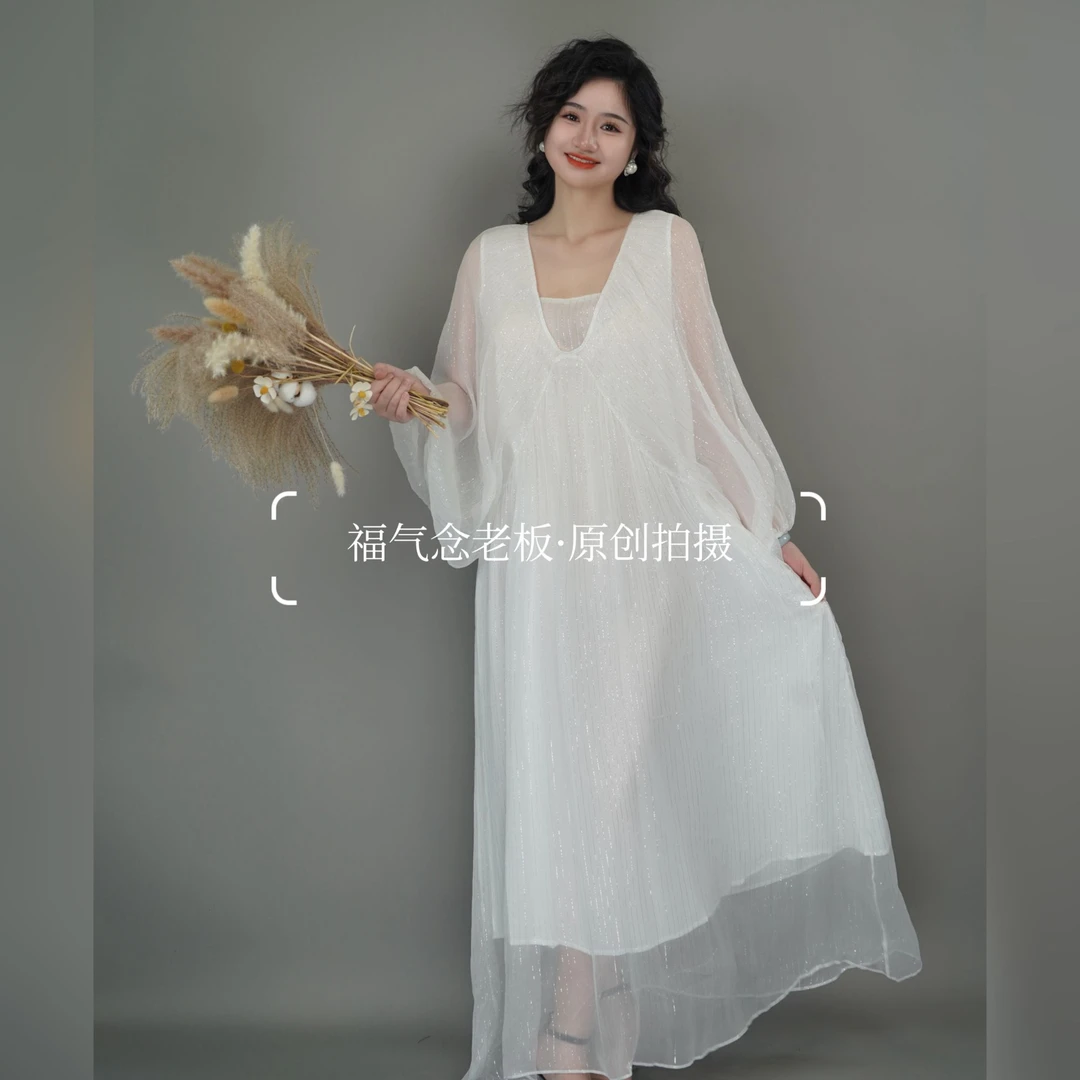 【银河白月光】重磅100桑蚕丝连衣裙夏长裙复古蕾丝白色长袖仙女裙