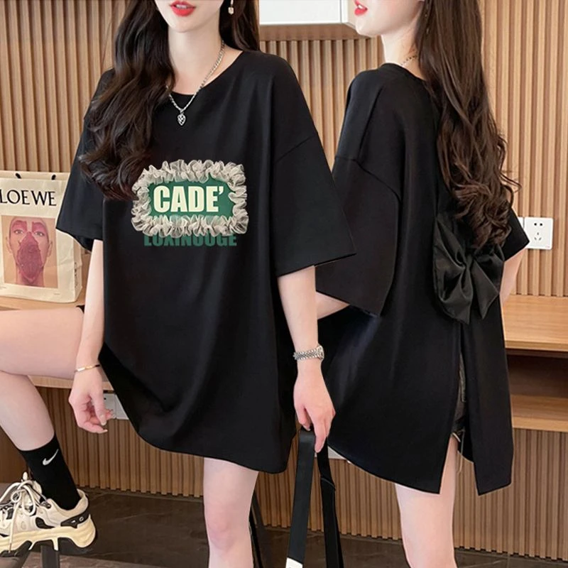 胖mm大码纯棉夏季蝴蝶结短袖T恤女2025新款韩版外穿半袖体恤上衣