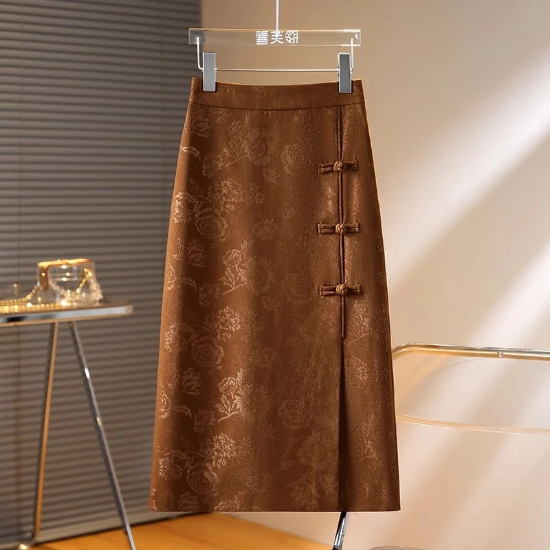 新中式国风半身裙2025春秋新款A字中长款优雅提花一步半身包臀裙
