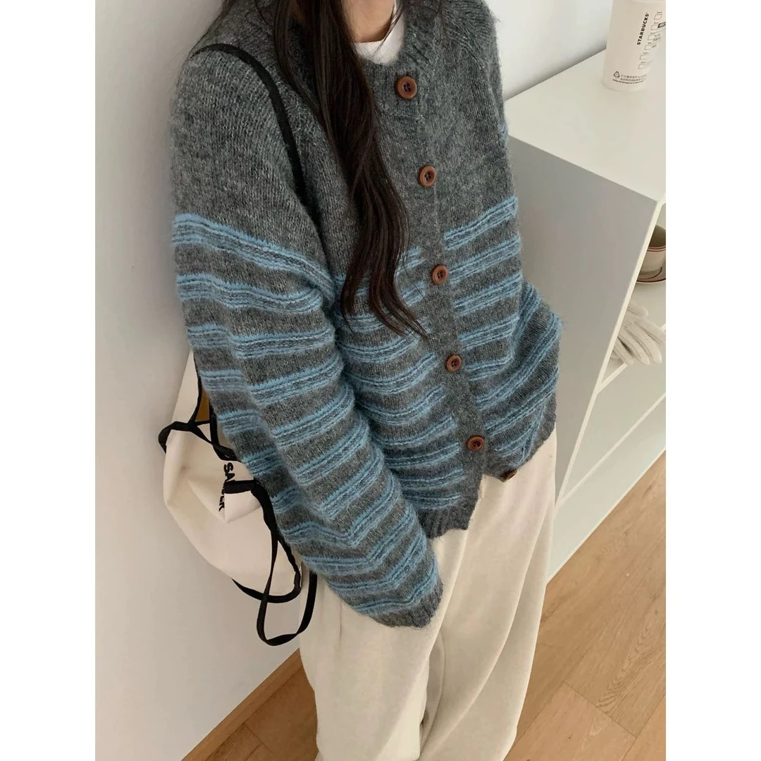 韩版圆领撞色条纹2025秋冬宽松百搭气质长袖毛衣外套82008#0.1qq