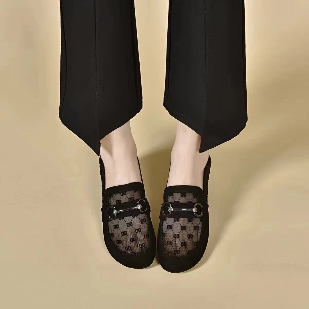 闪单鞋女2025新款夏季镂空网纱软皮女鞋低跟软底豆豆鞋透气乐福鞋