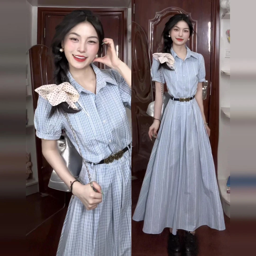 法式蓝色格纹衬衫连衣裙子女夏季2025新款学院风收腰显瘦气质长裙