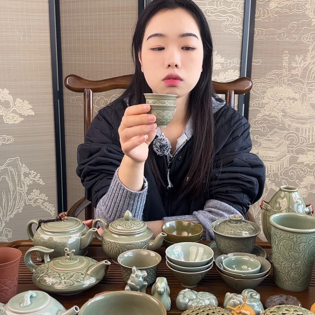 耀州窑青瓷海浪杯一对