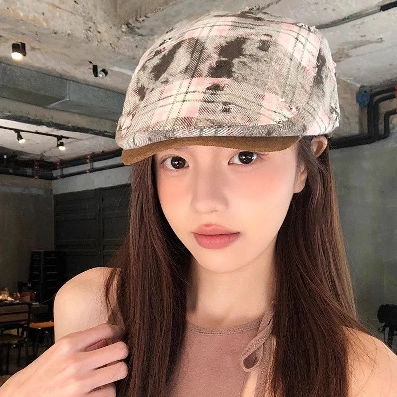 复古格子做旧破洞前进帽女春夏季2025新款贝雷帽显脸小鸭舌画家帽
