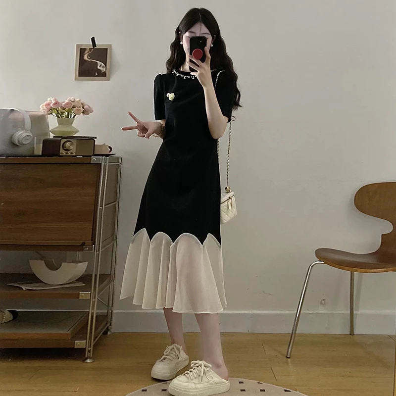 大码法式高级感连衣裙女夏季假两件气质小黑裙胖MM遮肚子显瘦裙子