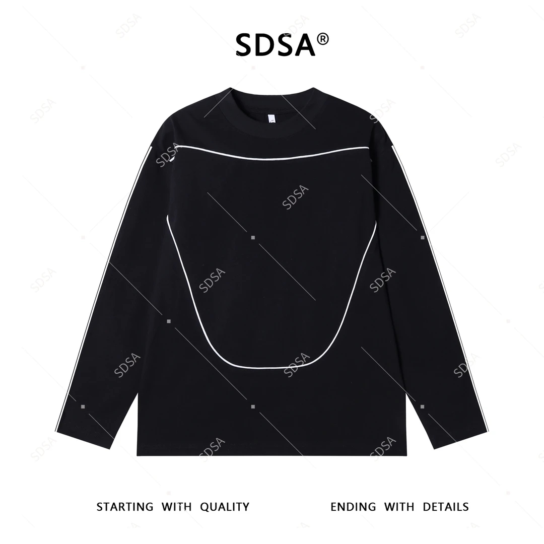 SDSA男士秋冬新款轻奢痞帅男装简约撞色线条圆领长袖T恤宽松潮牌