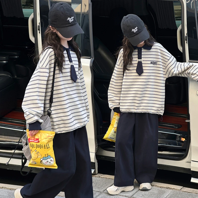 女童春秋新款条纹领带休闲上衣棉布休闲裤2025中大童宽松韩版潮