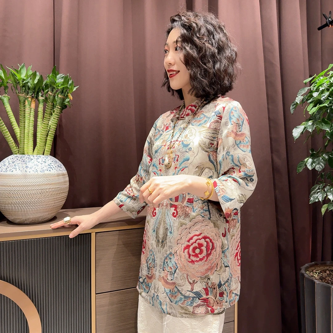 新中式太太风天青色凤穿牡丹偏襟上衣