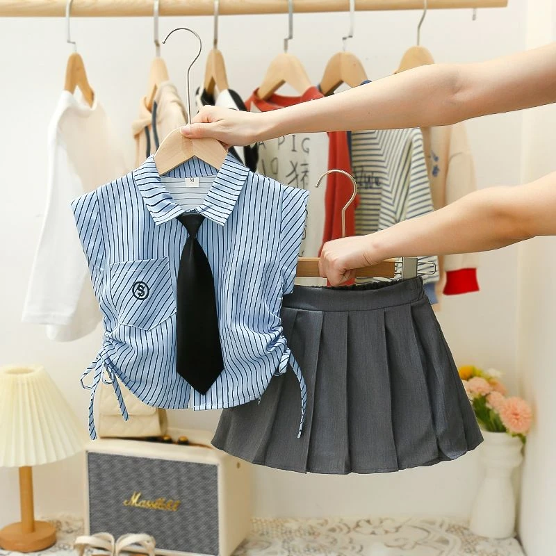 戴维贝啦清仓女童夏装衬衣儿童美式学院风套装宝宝翻领蓝条纹无袖