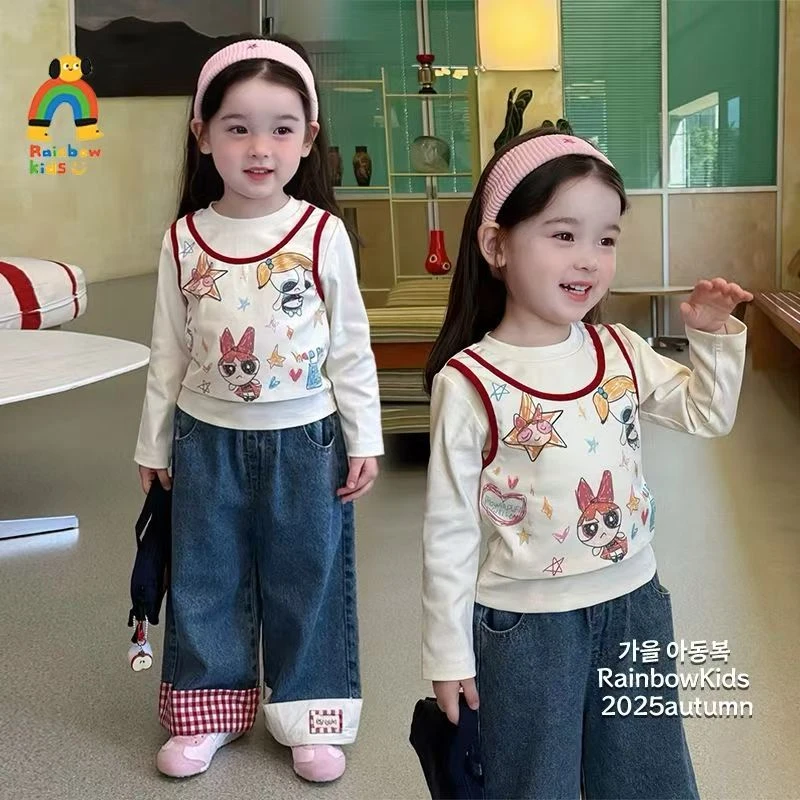 女童2025秋季新款童装儿童小女警假两件长袖T恤+牛仔阔腿裤子套装