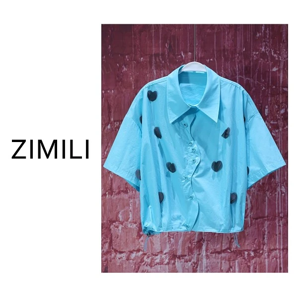 【亮哥女装】2025欧版青蓝色立体蝴蝶刺绣衬衫短袖9313