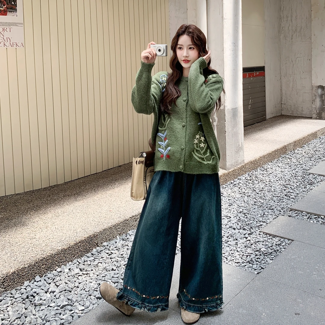 针织钩花毛衣休闲阔腿裤两件套女2025年秋季新款文艺复古减龄套装