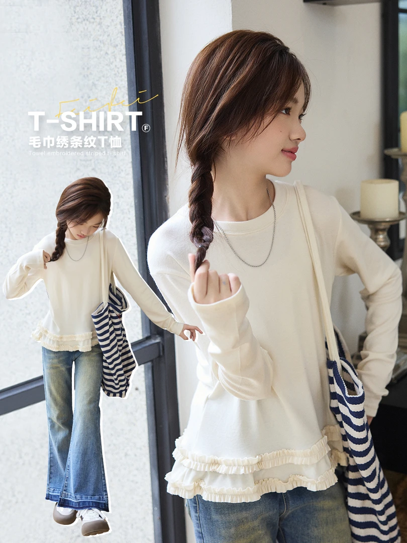 女童春秋白色花边长T恤修身圆领休闲百搭打底中大童时尚长袖SY723