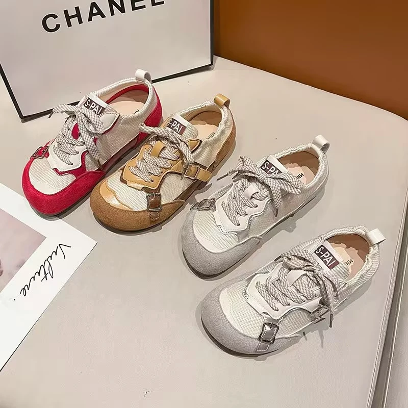 P&CStudio 红色复古芭蕾德训女2025新款春季增高百搭轻便运动板鞋