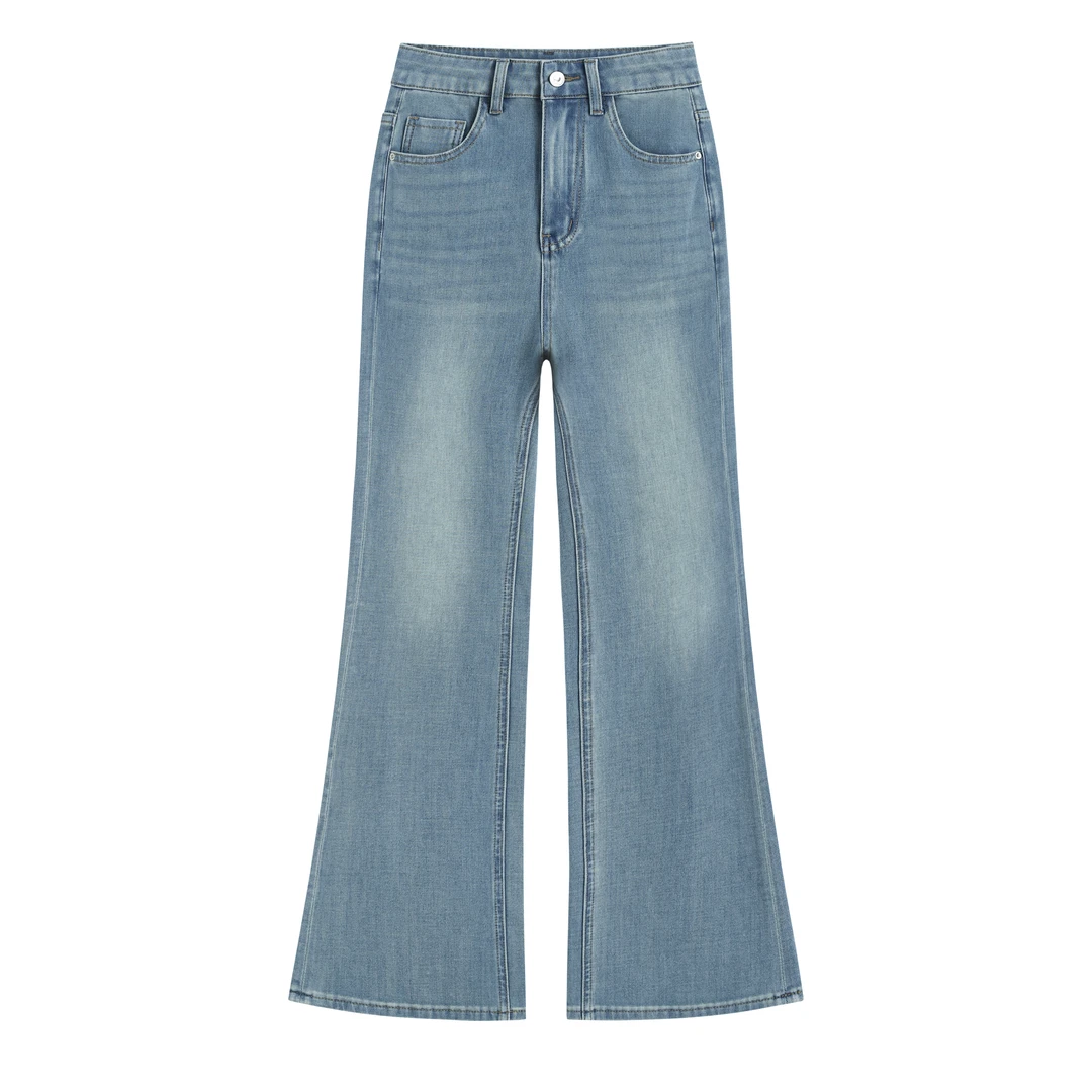 夏季高腰四面弹牛仔裤百搭时尚蓝色微喇浅蓝色牛仔裤