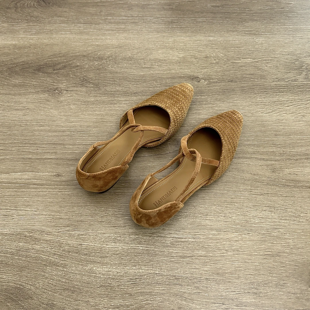 Dannyfrey度假风手工编织全真皮单鞋女交叉绑带复古包头罗马凉鞋