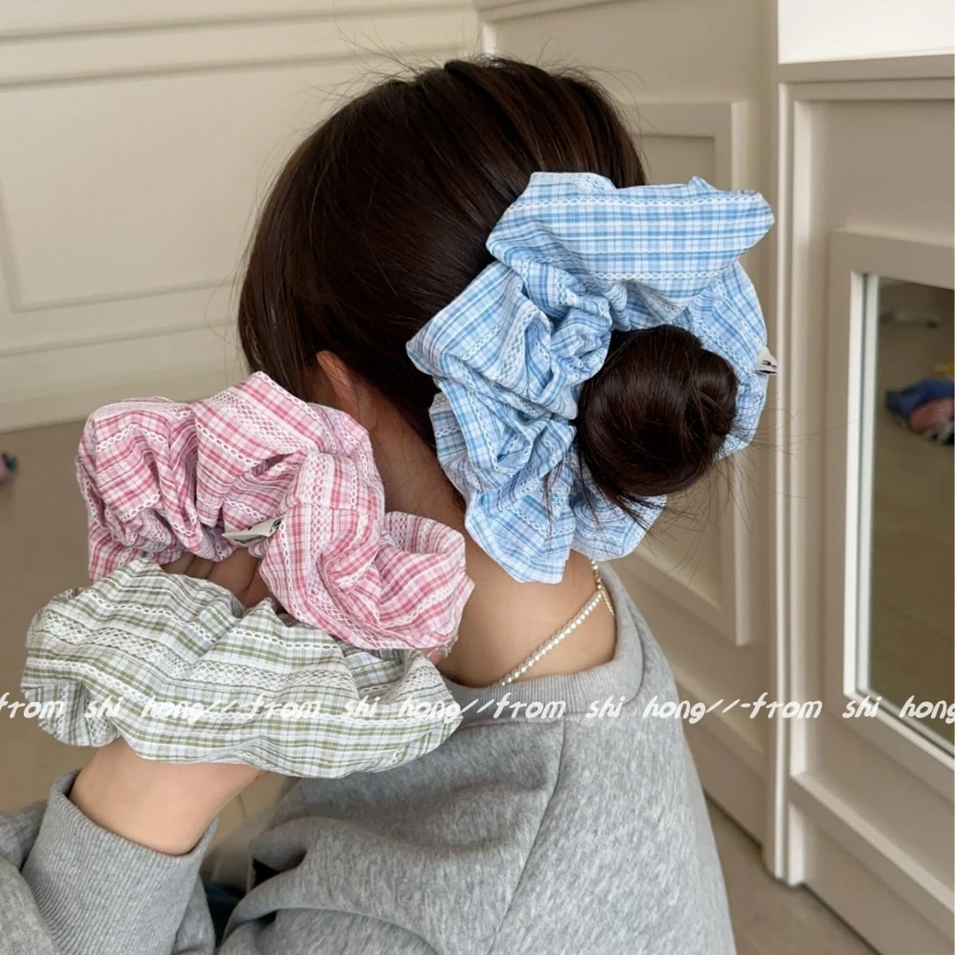 韩系超大号简约学院风条纹大肠发圈方巾梦幻格子发绳丸子头绳头饰