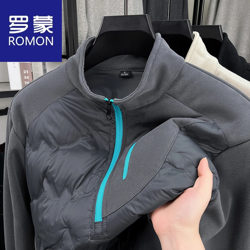 罗蒙秋冬季轻薄羽绒服抗寒保暖半拉链外套运动拼接内搭鹅绒外套男