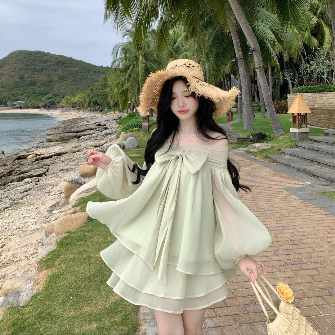 Blovelan岁梨春 气质雪纺纱一字肩蝴蝶结上衣半身裙套装