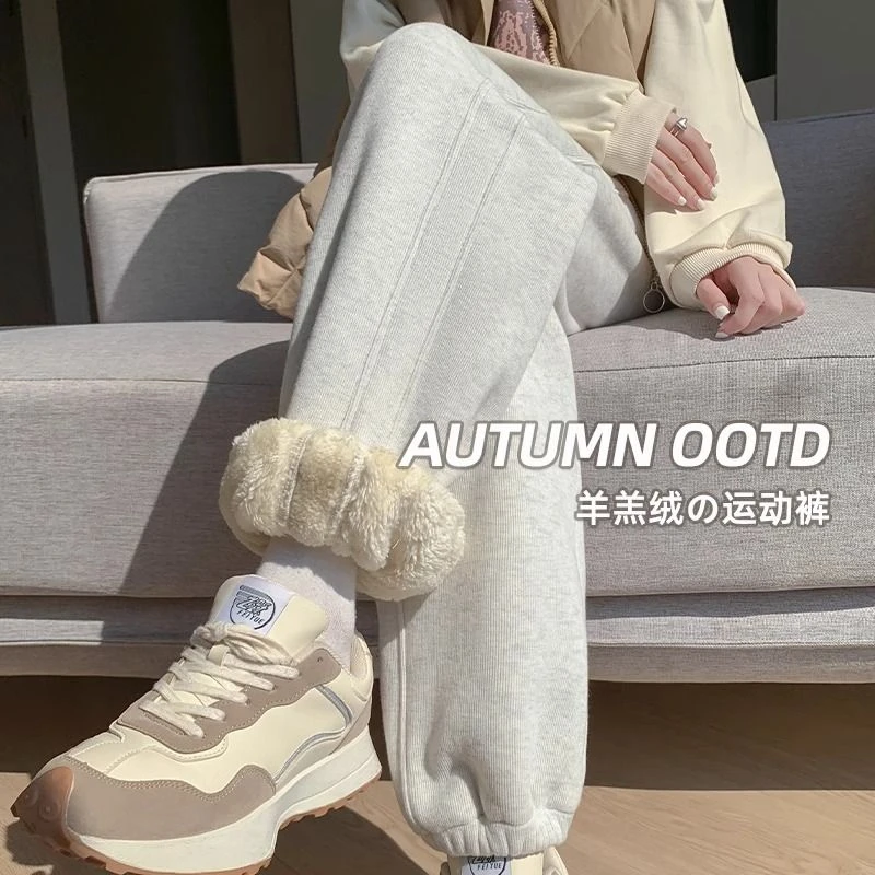 羊羔绒孕妇裤冬季加绒加厚运动裤秋冬宽松束脚保暖棉裤休闲卫裤