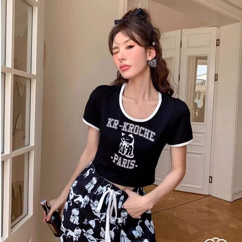 2248【金拐子专属】Kroche 撞色手绘猫咪刺绣短款T恤