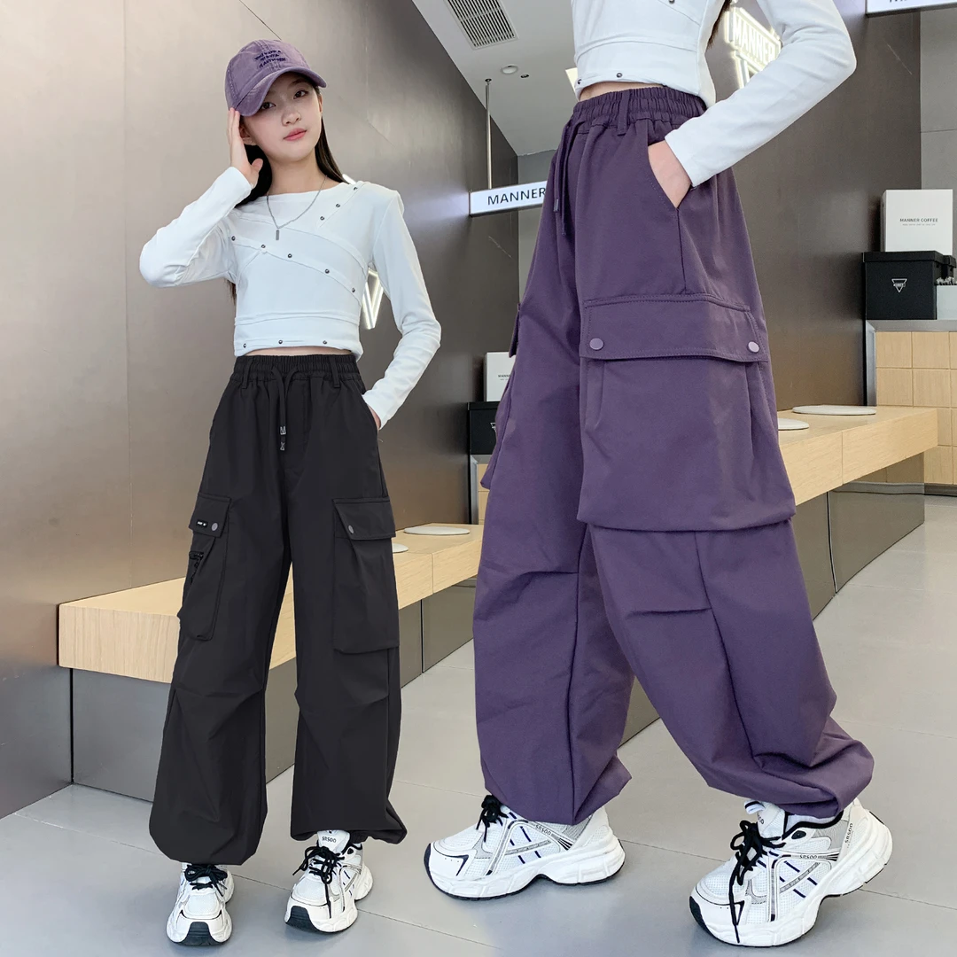 女童秋季工装裤2025新款宽版舒适百搭6-14岁中大童拼接潮酷休闲风