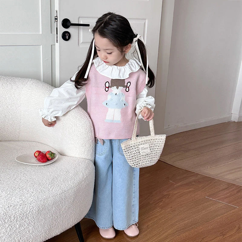【橘子家】女童卡通毛衣HS-2020纯色内搭HS51090牛仔裤HS51091套装